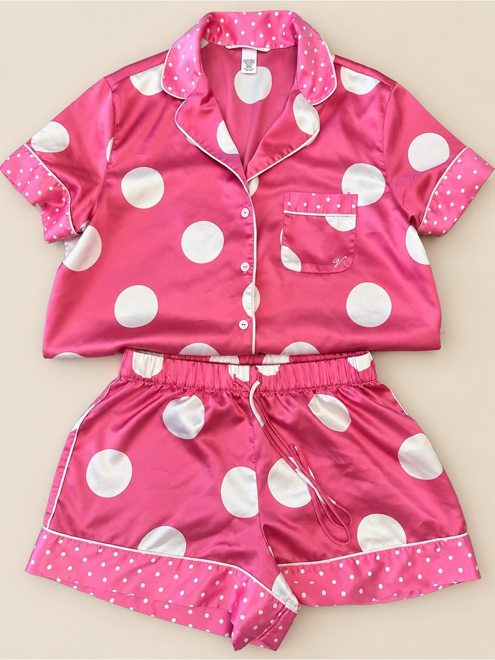 Victoria’s Secret Pink Polka Dot Satin Pajama Set Coquette Shorts PJs